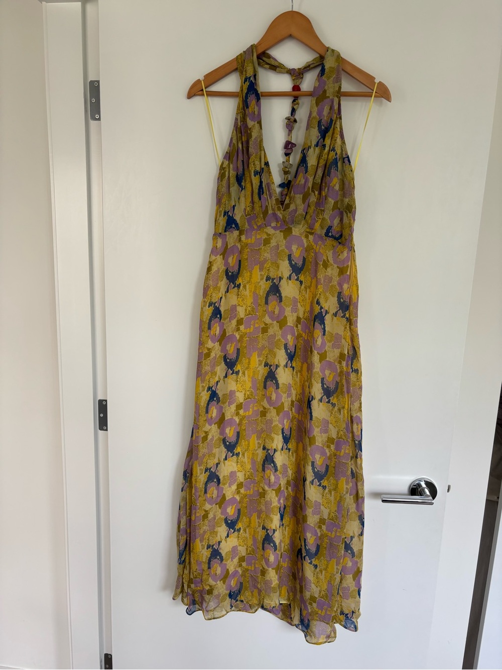 Zara Yellow Floral Halter Midi Dress with Back Beading Detail